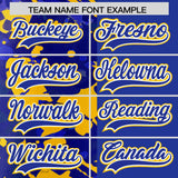 Custom Royal Yellow Split Personalized Graffiti Raglan Sleeve Authentic Baseball Jersey