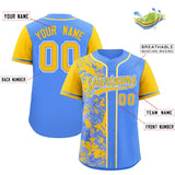 Custom Blue Yellow Split Personalized Graffiti Raglan Sleeve Authentic Baseball Jersey