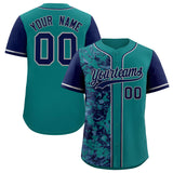 Custom Aqua Navy Split Personalized Graffiti Raglan Sleeve Authentic Baseball Jersey