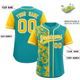 Custom Aqua Yellow Split Personalized Graffiti Raglan Sleeve Authentic Baseball Jersey