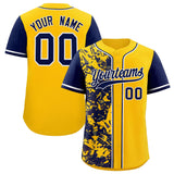Custom Yellow Navy Split Personalized Graffiti Raglan Sleeve Authentic Baseball Jersey