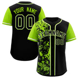 Custom Black Neon Green Split Personalized Graffiti Raglan Sleeve Authentic Baseball Jersey