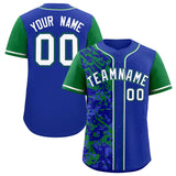 Custom Royal Green Split Personalized Graffiti Raglan Sleeve Authentic Baseball Jersey
