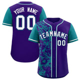Custom Purple Teal Split Personalized Graffiti Raglan Sleeve Authentic Baseball Jersey