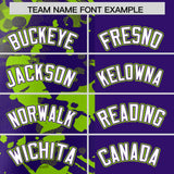 Custom Purple Neon Green Split Personalized Graffiti Raglan Sleeve Authentic Baseball Jersey