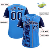 Custom Blue Navy Split Personalized Graffiti Raglan Sleeve Authentic Baseball Jersey
