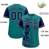Custom Aqua Navy Split Personalized Graffiti Raglan Sleeve Authentic Baseball Jersey
