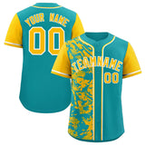 Custom Aqua Yellow Split Personalized Graffiti Raglan Sleeve Authentic Baseball Jersey