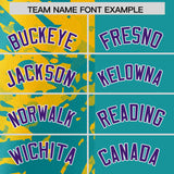 Custom Aqua Yellow Split Personalized Graffiti Raglan Sleeve Authentic Baseball Jersey