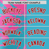 Custom Sky Blue Pink Split Personalized Graffiti Raglan Sleeve Authentic Baseball Jersey