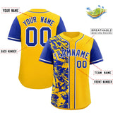 Custom Yellow Royal Split Personalized Graffiti Raglan Sleeve Authentic Baseball Jersey