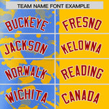 Custom Yellow Powder Blue Split Personalized Graffiti Raglan Sleeve Authentic Baseball Jersey