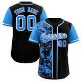 Custom Black Blue Split Personalized Graffiti Raglan Sleeve Authentic Baseball Jersey