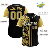 Custom Black Old Gold Split Personalized Graffiti Raglan Sleeve Authentic Baseball Jersey