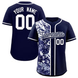 Custom Navy White Split Personalized Graffiti Raglan Sleeve Authentic Baseball Jersey