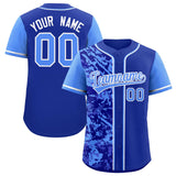 Custom Royal Blue Split Personalized Graffiti Raglan Sleeve Authentic Baseball Jersey