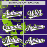 Custom Purple Neon Green Split Personalized Graffiti Raglan Sleeve Authentic Baseball Jersey