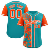 Custom Aqua Orange Split Personalized Graffiti Raglan Sleeve Authentic Baseball Jersey