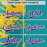 Custom Aqua Yellow Split Personalized Graffiti Raglan Sleeve Authentic Baseball Jersey