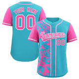 Custom Sky Blue Pink Split Personalized Graffiti Raglan Sleeve Authentic Baseball Jersey