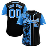Custom Black Blue Split Personalized Graffiti Raglan Sleeve Authentic Baseball Jersey