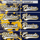 Custom Navy Yellow Split Personalized Graffiti Raglan Sleeve Authentic Baseball Jersey