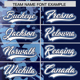 Custom Navy Powder Blue Split Personalized Graffiti Raglan Sleeve Authentic Baseball Jersey