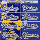 Custom Royal Yellow Split Personalized Graffiti Raglan Sleeve Authentic Baseball Jersey