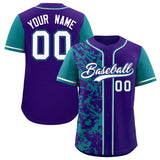 Custom Purple Teal Split Personalized Graffiti Raglan Sleeve Authentic Baseball Jersey