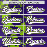 Custom Purple Neon Green Split Personalized Graffiti Raglan Sleeve Authentic Baseball Jersey