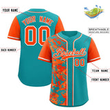 Custom Aqua Orange Split Personalized Graffiti Raglan Sleeve Authentic Baseball Jersey