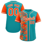 Custom Aqua Orange Split Personalized Graffiti Raglan Sleeve Authentic Baseball Jersey