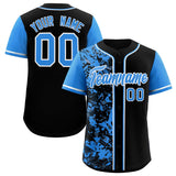 Custom Black Blue Split Personalized Graffiti Raglan Sleeve Authentic Baseball Jersey