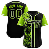 Custom Black Neon Green Split Personalized Graffiti Raglan Sleeve Authentic Baseball Jersey