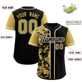 Custom Black Old Gold Split Personalized Graffiti Raglan Sleeve Authentic Baseball Jersey