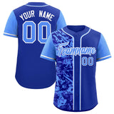 Custom Royal Blue Split Personalized Graffiti Raglan Sleeve Authentic Baseball Jersey