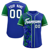 Custom Royal Green Split Personalized Graffiti Raglan Sleeve Authentic Baseball Jersey