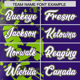 Custom Purple Neon Green Split Personalized Graffiti Raglan Sleeve Authentic Baseball Jersey