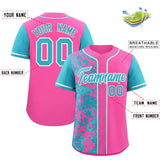 Custom Pink Sky Blue Split Personalized Graffiti Raglan Sleeve Authentic Baseball Jersey