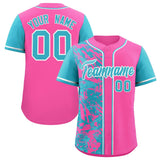 Custom Pink Sky Blue Split Personalized Graffiti Raglan Sleeve Authentic Baseball Jersey