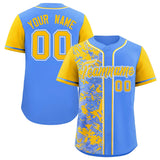 Custom Blue Yellow Split Personalized Graffiti Raglan Sleeve Authentic Baseball Jersey