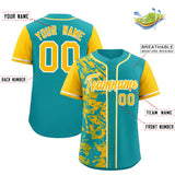 Custom Aqua Yellow Split Personalized Graffiti Raglan Sleeve Authentic Baseball Jersey