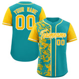Custom Aqua Yellow Split Personalized Graffiti Raglan Sleeve Authentic Baseball Jersey