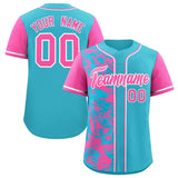 Custom Sky Blue Pink Split Personalized Graffiti Raglan Sleeve Authentic Baseball Jersey
