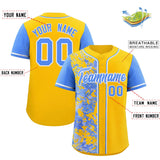 Custom Yellow Powder Blue Split Personalized Graffiti Raglan Sleeve Authentic Baseball Jersey