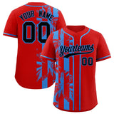 Custom Red Powder Blue Split Fashion Coconut Tree Design Authentic Baseball Jersey