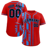 Custom Red Powder Blue Split Fashion Coconut Tree Design Authentic Baseball Jersey