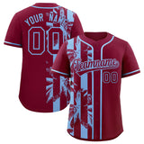 Custom Crimson Powder Blue Split Fashion Coconut Tree Design Authentic Baseball Jersey