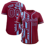 Custom Crimson Powder Blue Split Fashion Coconut Tree Design Authentic Baseball Jersey