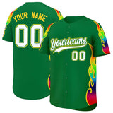 Custom Kelly Green Graffiti Pattern Personalized Multicolored Flames Print Authentic Baseball Jersey
